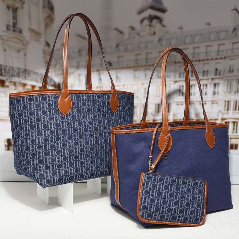 Tote Bag Leather Monogram - กระเป๋าโท้ทเดนิมลายโมโนแกรมสำหรับผู้หญิง พร้อมกระเป๋าใส่เหรียญแบบซิป แต่งหนัง จุของได้เยอะ ชุดกระเป๋าถือสะพายไหล่สำหรับช้อปปิ้ง