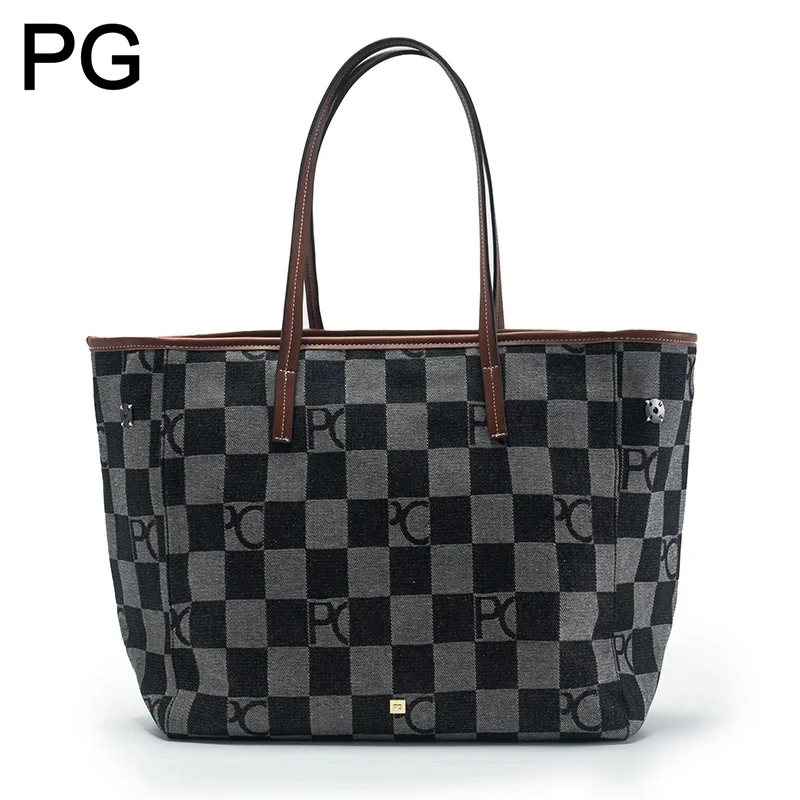 Tote Bag Leather Monogram - กระเป๋าโท้ทลายตารางหมากรุก PG สำหรับผู้หญิง ขนาดใหญ่ ตกแต่งด้วยหนัง กระเป๋าผ้าแคนวาสสะพายไหล่