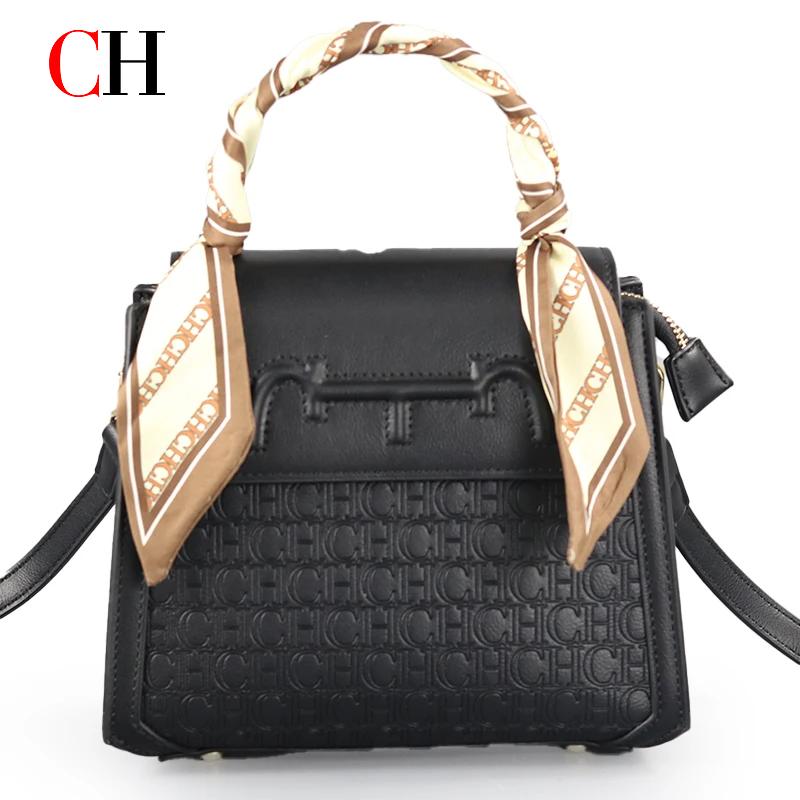Tote Bag Leather Monogram - กระเป๋าถือผู้หญิงสไตล์เรโทร CH พร้อมสายสะพายผ้าพันคอ ลายมอนอกราฟ หนัง PU